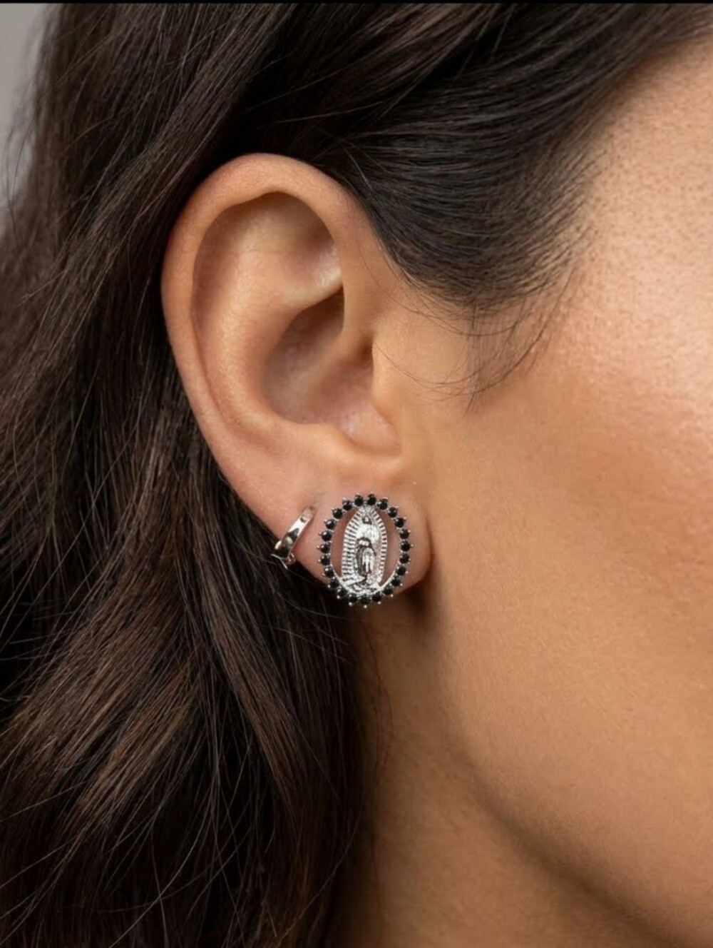 New Black Crystal Virgin Mary Stud Earrings, Religious Earrings